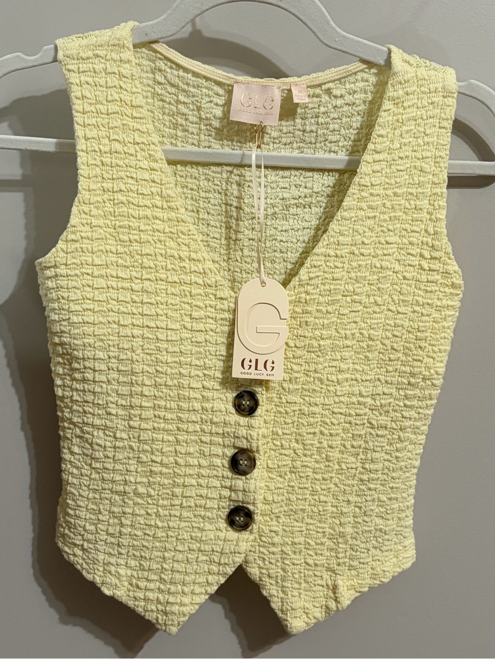 NWT. Good Luck Gem Pale Yellow Textured Button Crop Vest